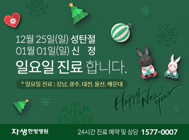 12월 25일 성탄절, 1월 1일 신정 일요일 진료합니다. 일요일 진료 : 강남, 광주, 대전, 울산, 해운대