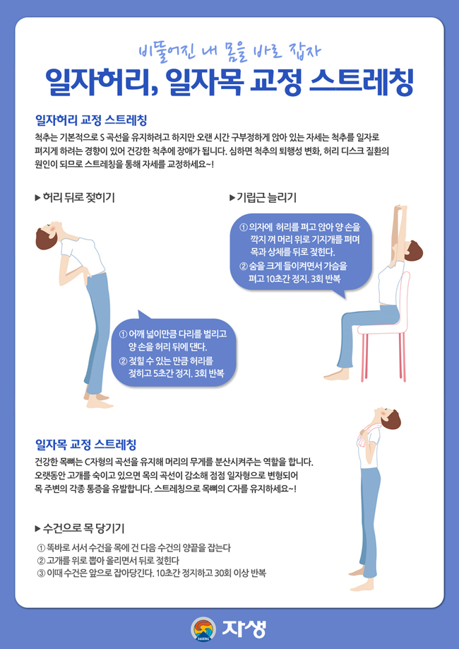 일자허리, 일자목 교정 스트레칭에 대한 다음 설명을 참조하세요.
