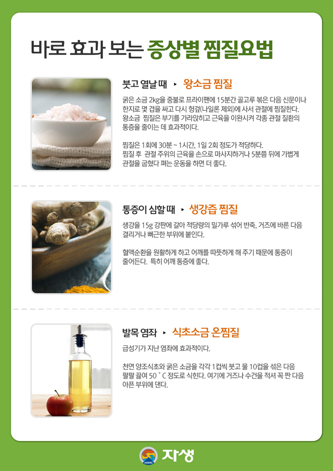 바로 효과 보는 증상별 찜질요법에 대한 다음 설명을 참조하세요.