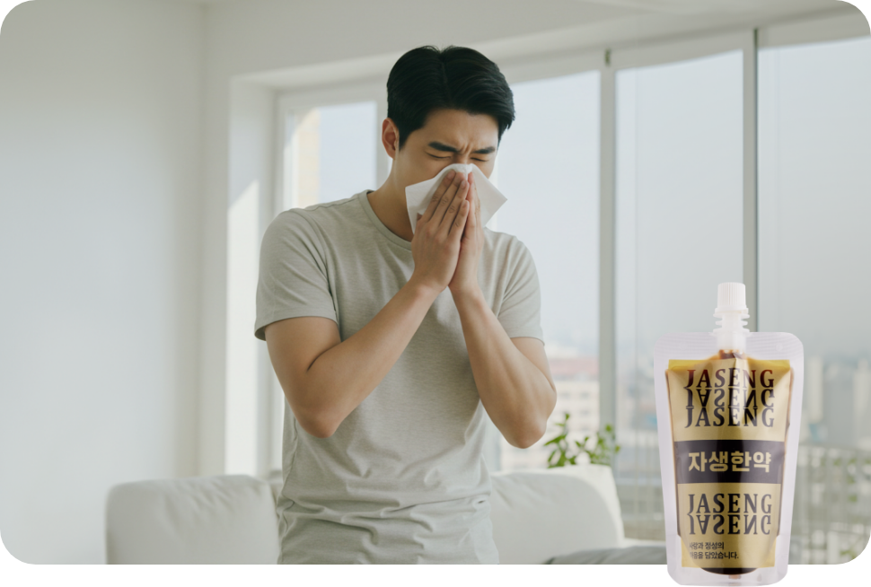 코를 풀고 있는 남성