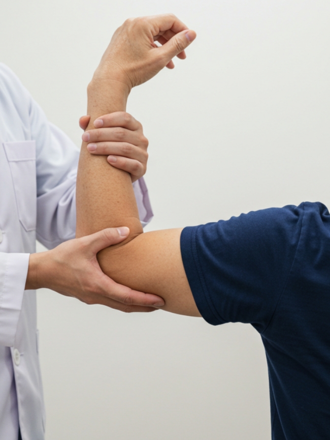 팔을 잡고 치료하고 있는 의사