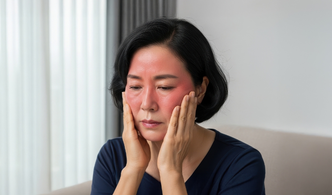 붉은 얼굴의 볼을 잡고 걱정하는 중년 여성